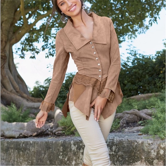 Venus LARGE Tan Faux Suede Boho Steampunk Jacket with Lace Accents - Picture 7 of 12